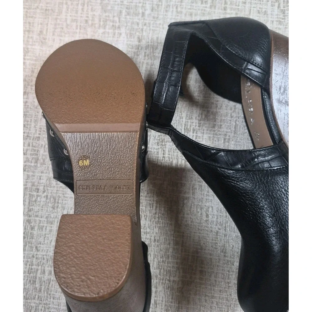 Chelsea & Violet Black Leather Heeled Clogs Studded Ankle Strap Shoes Size